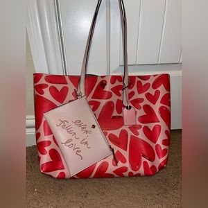Kate Spade Leather Hearts Valentine Tote Bag Purse with Wristlet